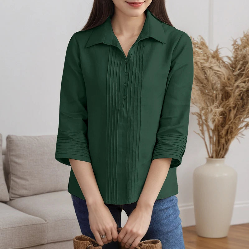 Chemises à plastron plissé pour femmes, chemisiers décontractés à plis nervurés, col rabattu, manches 3/4, demi-boutonnage, chemises femme, hauts pour trajets domicile-travail.