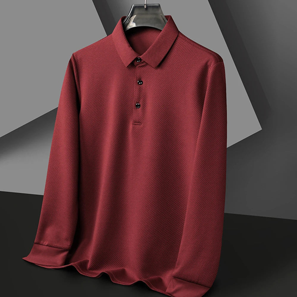 Nouveau t-shirt polo d'automne pour hommes, couleur unie, manches longues avec texture gaufrée