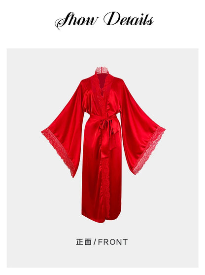 Robe de chambre ultra longue en dentelle patchwork pour femme, kimono sexy, vêtements de nuit en soie glacée