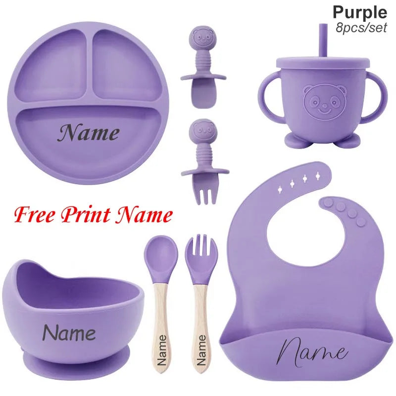 Ensemble de Vaisselle Personnalisé pour Bébé - Set Silicone 8 Pièces avec Nom Gravé - Sans BPA