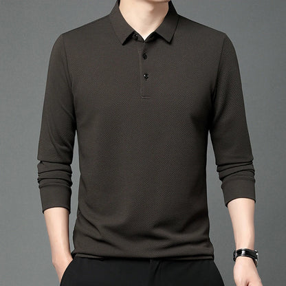 Nouveau t-shirt polo d'automne pour hommes, couleur unie, manches longues avec texture gaufrée