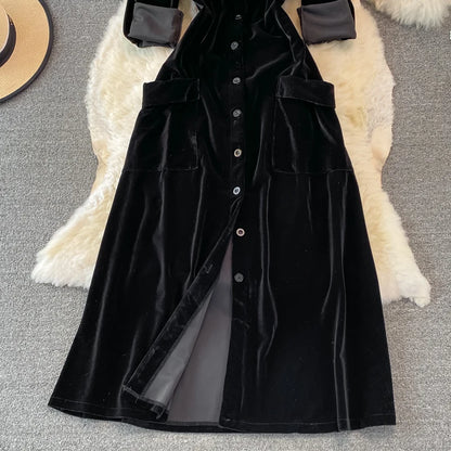 Robe vintage en velours noir à simple boutonnage et poches pour femme