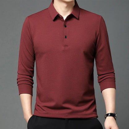 Nouveau t-shirt polo d'automne pour hommes, couleur unie, manches longues avec texture gaufrée