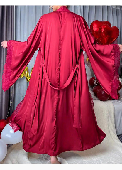 Robe de chambre ultra longue en dentelle patchwork pour femme, kimono sexy, vêtements de nuit en soie glacée