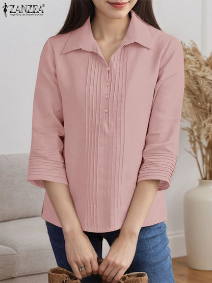 Chemises à plastron plissé pour femmes, chemisiers décontractés à plis nervurés, col rabattu, manches 3/4, demi-boutonnage, chemises femme, hauts pour trajets domicile-travail.