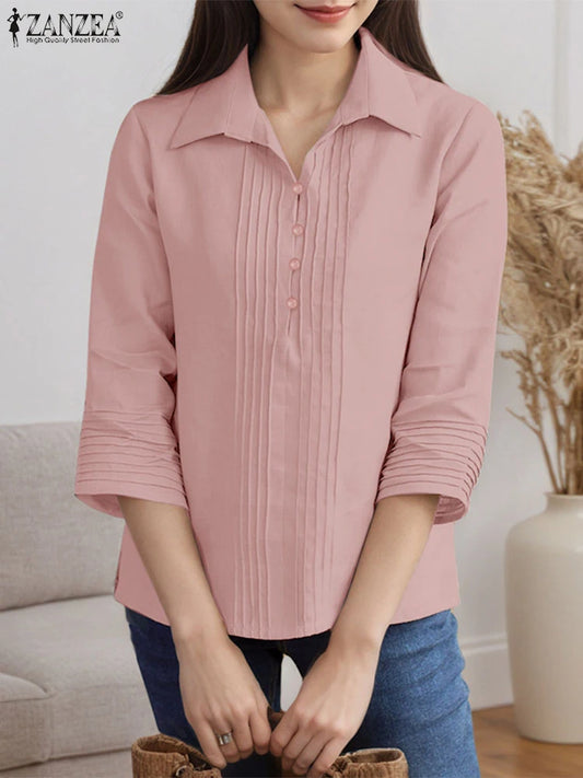 Chemises à plastron plissé pour femmes, chemisiers décontractés à plis nervurés, col rabattu, manches 3/4, demi-boutonnage, chemises femme, hauts pour trajets domicile-travail.