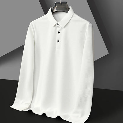 Nouveau t-shirt polo d'automne pour hommes, couleur unie, manches longues avec texture gaufrée