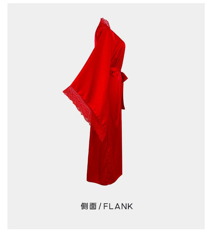 Robe de chambre ultra longue en dentelle patchwork pour femme, kimono sexy, vêtements de nuit en soie glacée