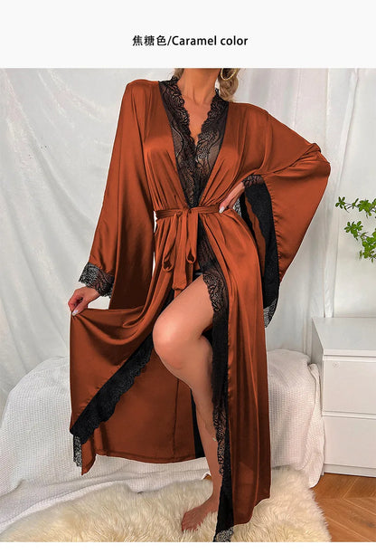 Robe de chambre ultra longue en dentelle patchwork pour femme, kimono sexy, vêtements de nuit en soie glacée