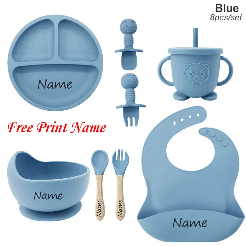 Ensemble de Vaisselle Personnalisé pour Bébé - Set Silicone 8 Pièces avec Nom Gravé - Sans BPA