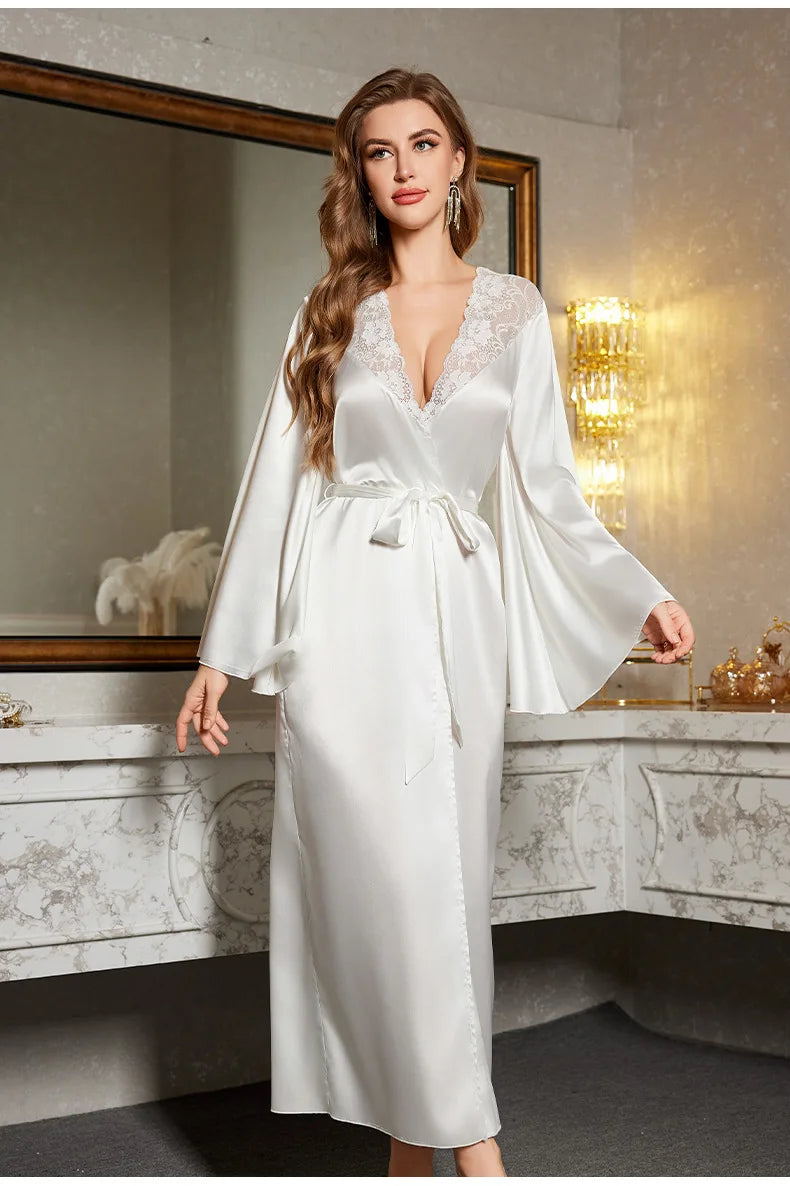 Robe de chambre en satin à manches longues pour femme, col en V, en dentelle, avec ceinture, vêtement de nuit ample
