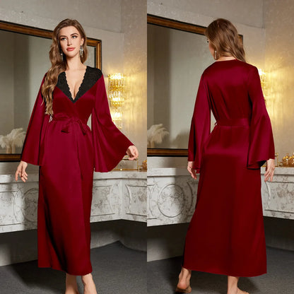 Robe de chambre en satin à manches longues pour femme, col en V, en dentelle, avec ceinture, vêtement de nuit ample