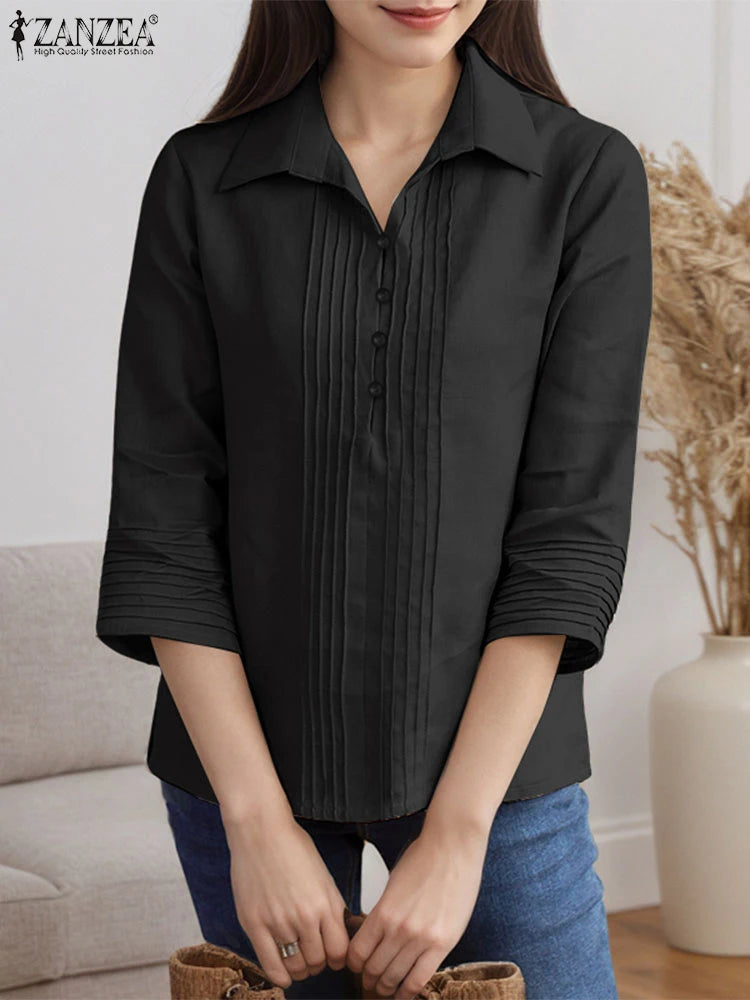 Chemises à plastron plissé pour femmes, chemisiers décontractés à plis nervurés, col rabattu, manches 3/4, demi-boutonnage, chemises femme, hauts pour trajets domicile-travail.