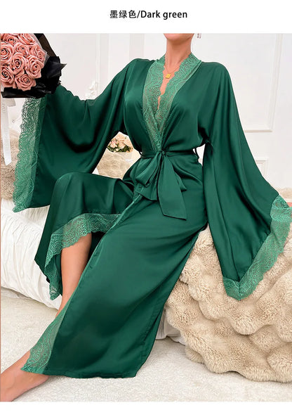 Robe de chambre ultra longue en dentelle patchwork pour femme, kimono sexy, vêtements de nuit en soie glacée