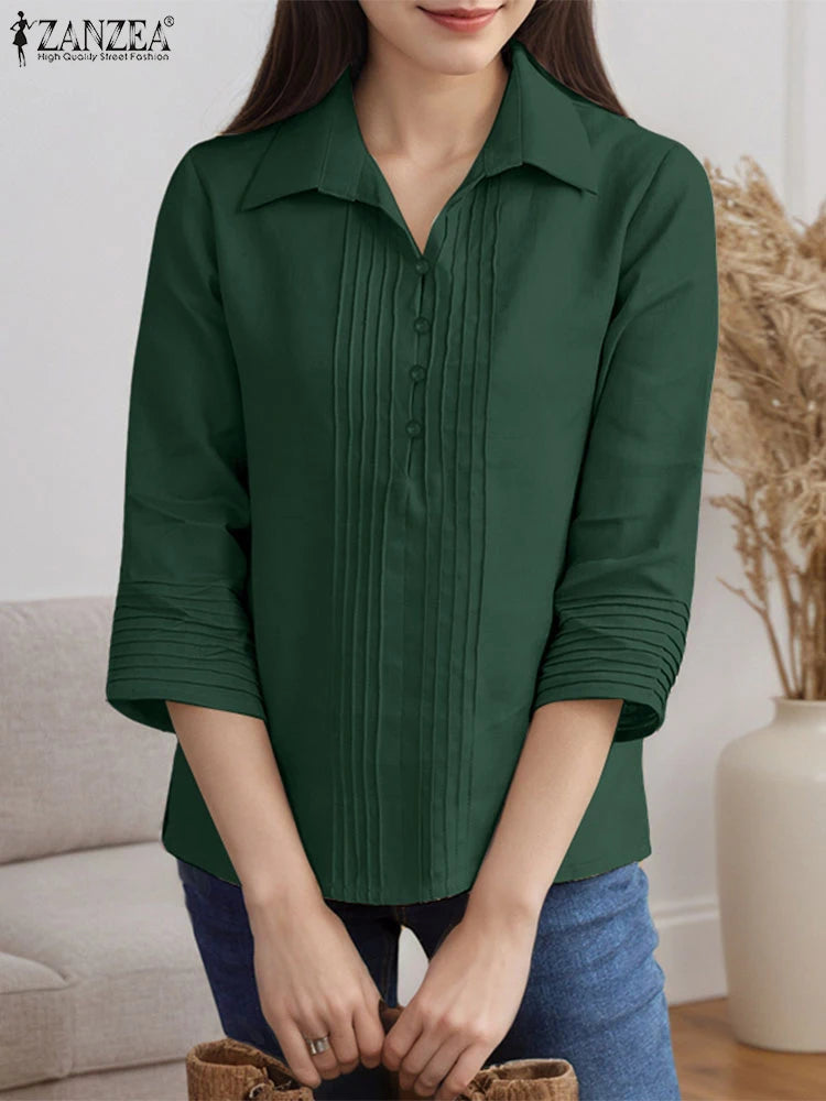 Chemises à plastron plissé pour femmes, chemisiers décontractés à plis nervurés, col rabattu, manches 3/4, demi-boutonnage, chemises femme, hauts pour trajets domicile-travail.