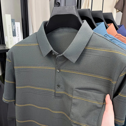 POLO Shirt Hommes Été Manches Courtes T-shirt Col à Revers Soie Glacée