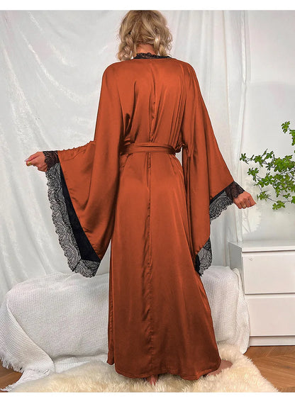 Robe de chambre ultra longue en dentelle patchwork pour femme, kimono sexy, vêtements de nuit en soie glacée