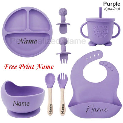 Ensemble de Vaisselle Personnalisé pour Bébé - Set Silicone 8 Pièces avec Nom Gravé - Sans BPA