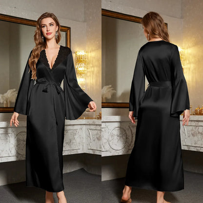 Robe de chambre en satin à manches longues pour femme, col en V, en dentelle, avec ceinture, vêtement de nuit ample