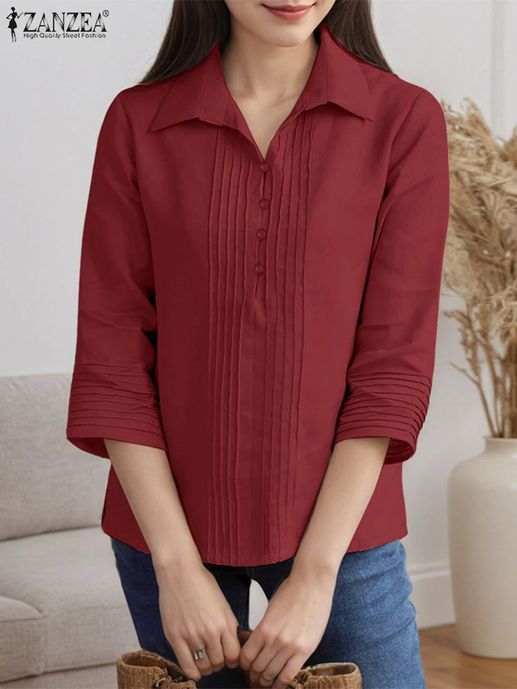 Chemises à plastron plissé pour femmes, chemisiers décontractés à plis nervurés, col rabattu, manches 3/4, demi-boutonnage, chemises femme, hauts pour trajets domicile-travail.