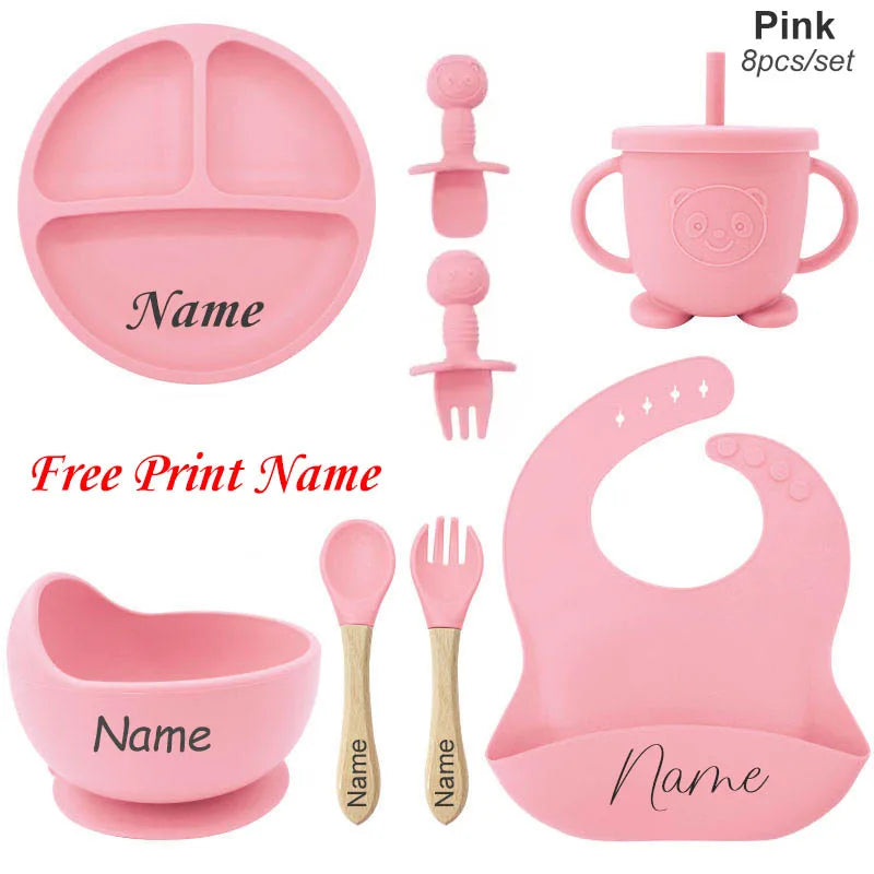 Ensemble de Vaisselle Personnalisé pour Bébé - Set Silicone 8 Pièces avec Nom Gravé - Sans BPA