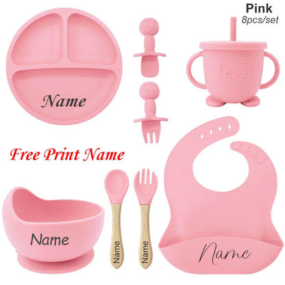 Ensemble de Vaisselle Personnalisé pour Bébé - Set Silicone 8 Pièces avec Nom Gravé - Sans BPA