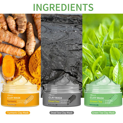 Une variété de masques d'argile, thé vert, curcuma, boue de la mer morte, blanchissant et hydratant, nettoyage en profondeur des pores, contrôle de l'huile et mo