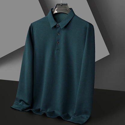 Nouveau t-shirt polo d'automne pour hommes, couleur unie, manches longues avec texture gaufrée