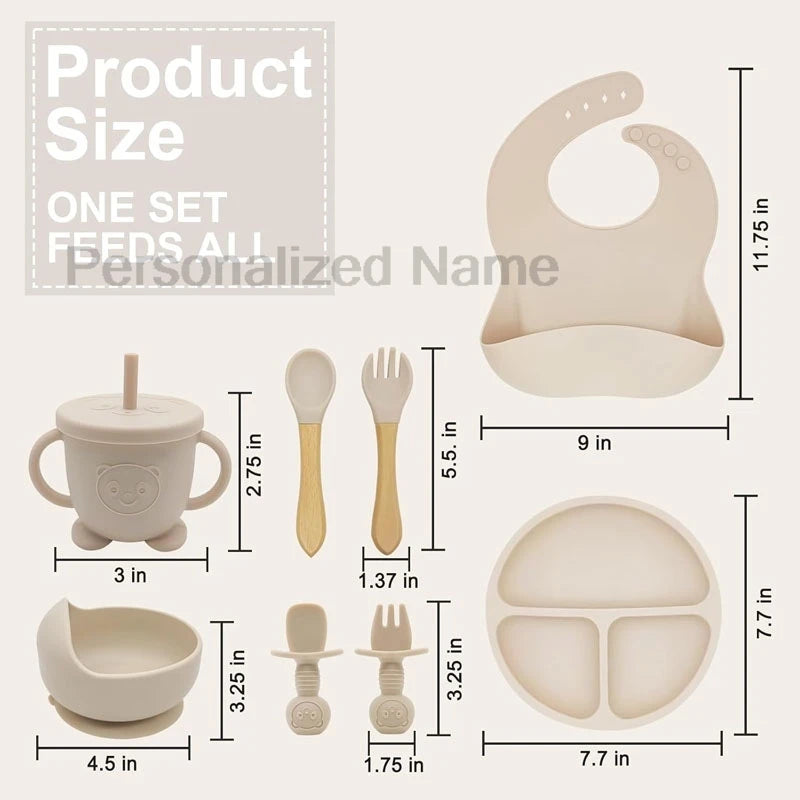 Ensemble de Vaisselle Personnalisé pour Bébé - Set Silicone 8 Pièces avec Nom Gravé - Sans BPA
