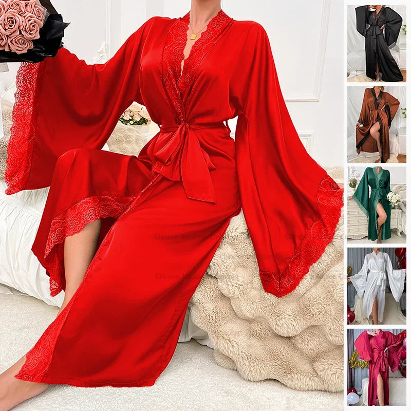 Robe de chambre ultra longue en dentelle patchwork pour femme, kimono sexy, vêtements de nuit en soie glacée