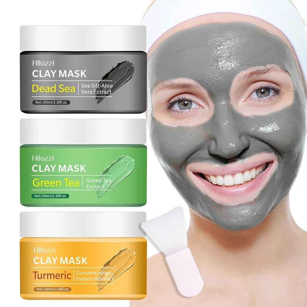 Une variété de masques d'argile, thé vert, curcuma, boue de la mer morte, blanchissant et hydratant, nettoyage en profondeur des pores, contrôle de l'huile et mo