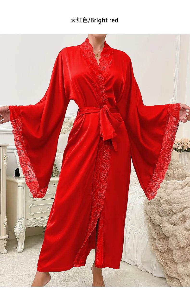 Robe de chambre ultra longue en dentelle patchwork pour femme, kimono sexy, vêtements de nuit en soie glacée