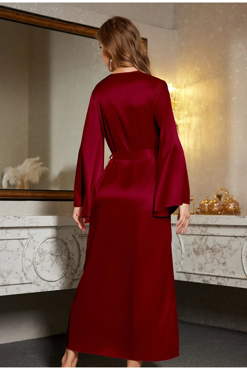 Robe de chambre en satin à manches longues pour femme, col en V, en dentelle, avec ceinture, vêtement de nuit ample