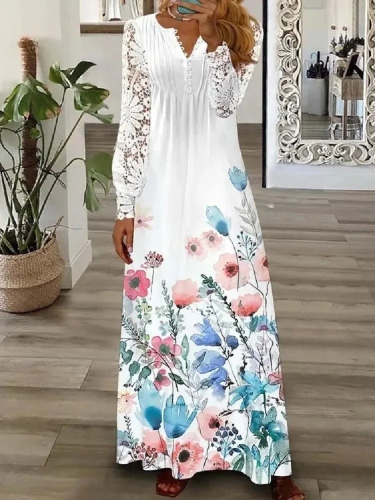 Robe longue blanche élégante pour femme, printemps-automne, sexy, dentelle, col en V