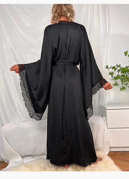 Robe de chambre ultra longue en dentelle patchwork pour femme, kimono sexy, vêtements de nuit en soie glacée