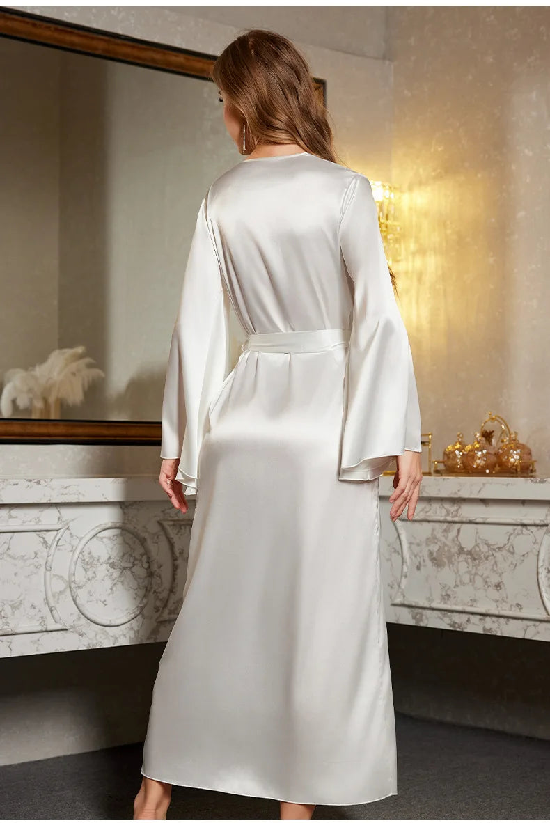 Robe de chambre en satin à manches longues pour femme, col en V, en dentelle, avec ceinture, vêtement de nuit ample