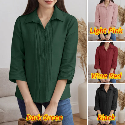 Chemises à plastron plissé pour femmes, chemisiers décontractés à plis nervurés, col rabattu, manches 3/4, demi-boutonnage, chemises femme, hauts pour trajets domicile-travail.