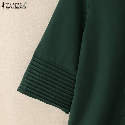 Chemises à plastron plissé pour femmes, chemisiers décontractés à plis nervurés, col rabattu, manches 3/4, demi-boutonnage, chemises femme, hauts pour trajets domicile-travail.