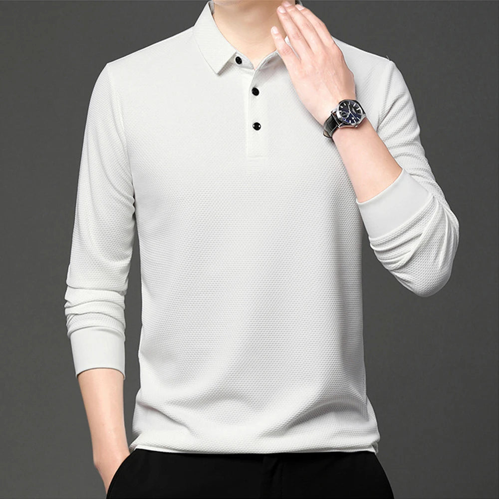 Nouveau t-shirt polo d'automne pour hommes, couleur unie, manches longues avec texture gaufrée