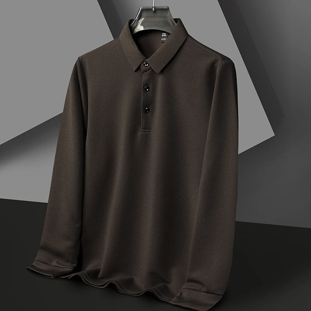 Nouveau t-shirt polo d'automne pour hommes, couleur unie, manches longues avec texture gaufrée
