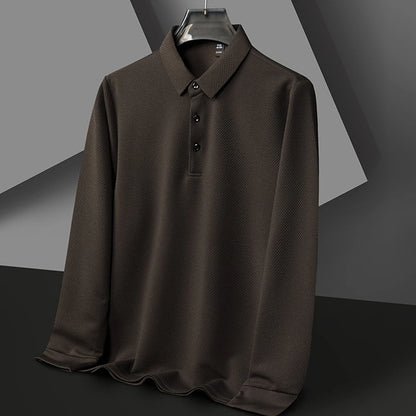 Nouveau t-shirt polo d'automne pour hommes, couleur unie, manches longues avec texture gaufrée