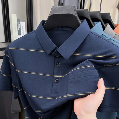 POLO Shirt Hommes Été Manches Courtes T-shirt Col à Revers Soie Glacée