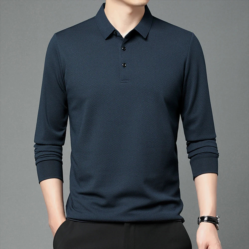 Nouveau t-shirt polo d'automne pour hommes, couleur unie, manches longues avec texture gaufrée
