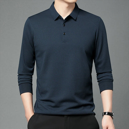 Nouveau t-shirt polo d'automne pour hommes, couleur unie, manches longues avec texture gaufrée
