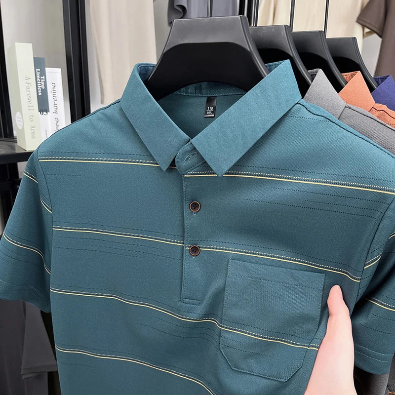 POLO Shirt Hommes Été Manches Courtes T-shirt Col à Revers Soie Glacée