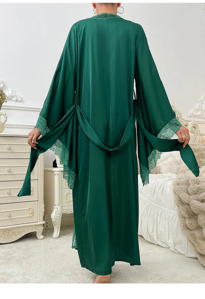 Robe de chambre ultra longue en dentelle patchwork pour femme, kimono sexy, vêtements de nuit en soie glacée