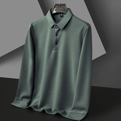 Nouveau t-shirt polo d'automne pour hommes, couleur unie, manches longues avec texture gaufrée